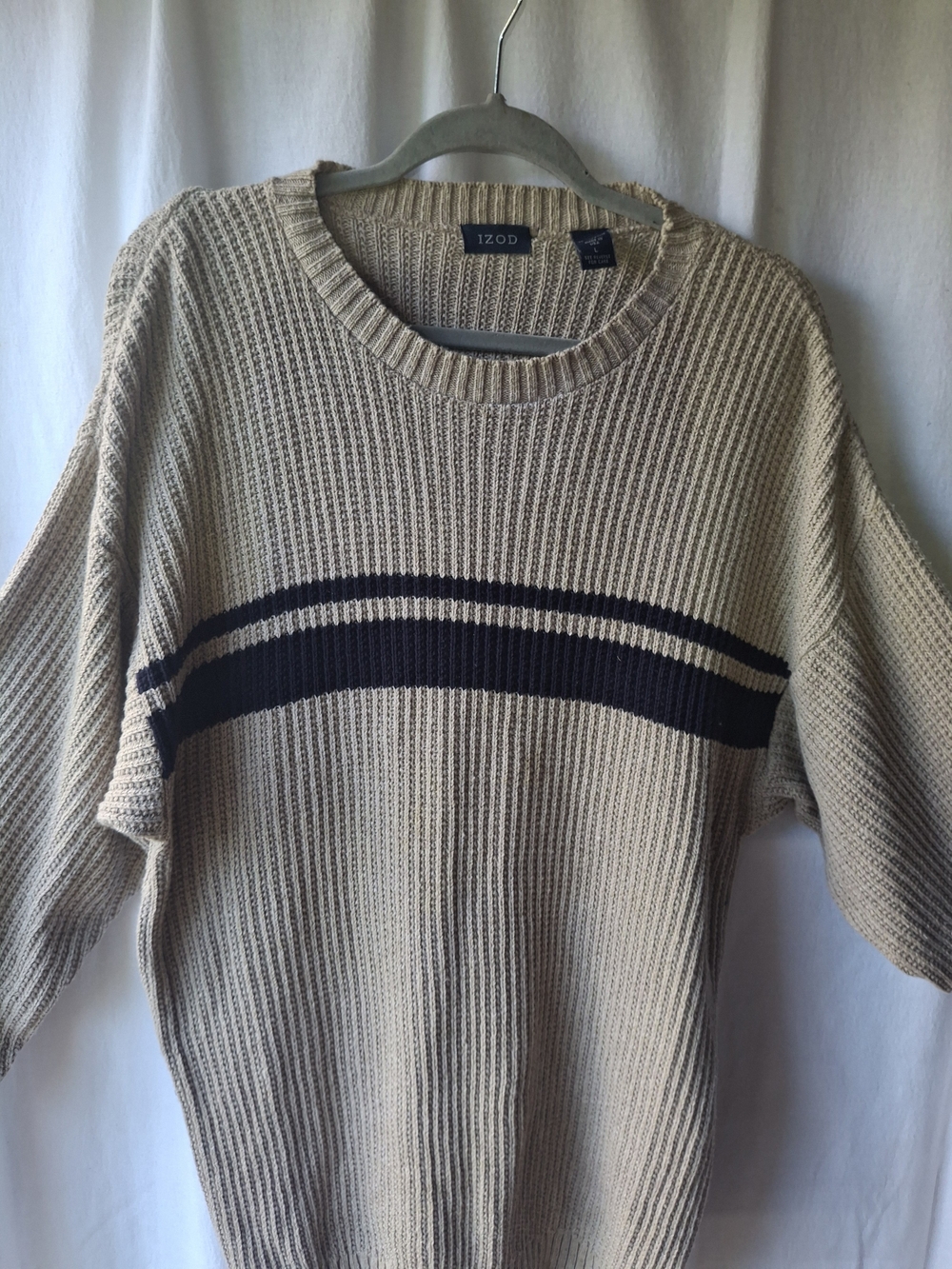 IZOD Men's Cream Crewneck Sweater with Navy Stripes